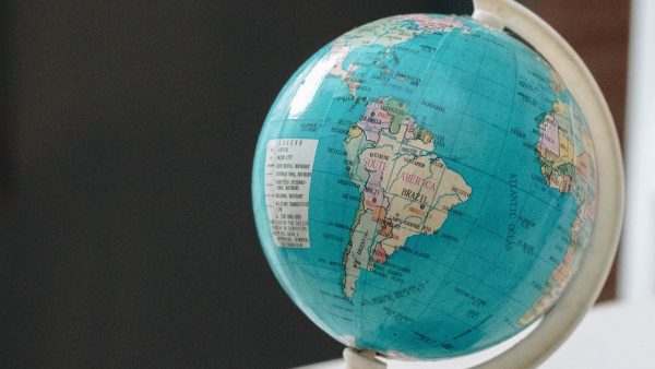 A globe displaying South America.
